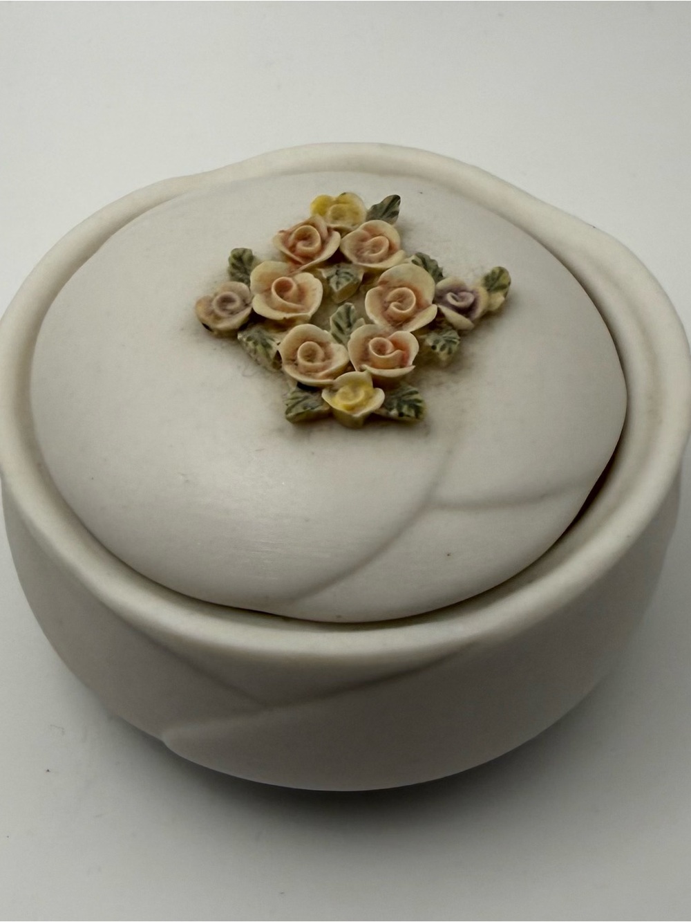 Source Unknown White Porcelain Trinket Box with Pastel Floral Accents